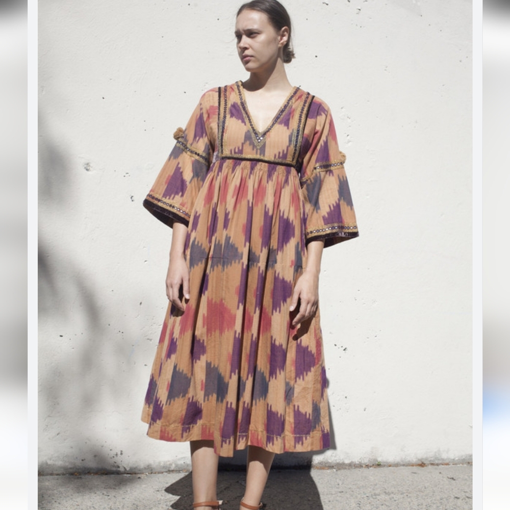 Ulla Johnson Multicolor Ikat Midi Dress in Tan, Purple & Rust